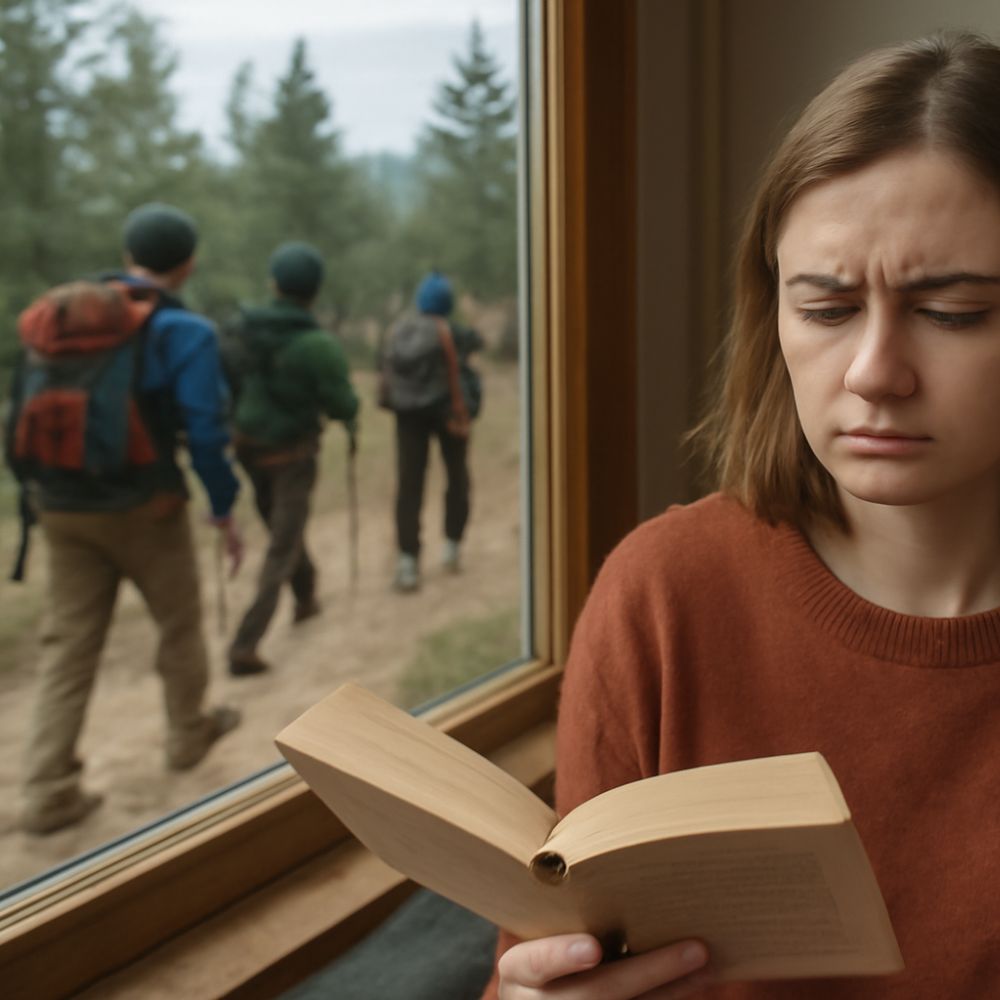 A woman reading indoors, observing hikers outside.