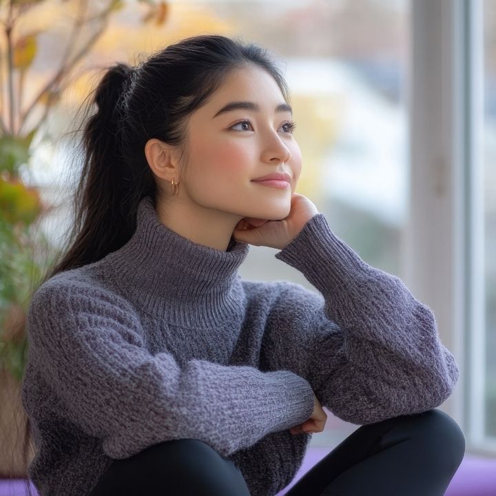 Smiling young woman in cozy sweater, resting her chin on hand and gazing thoughtfully out window